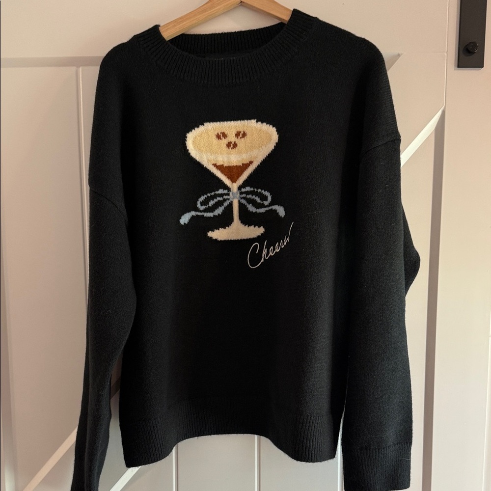 NWOT English Factory Black Crewneck Sweater with Cocktail Motif
